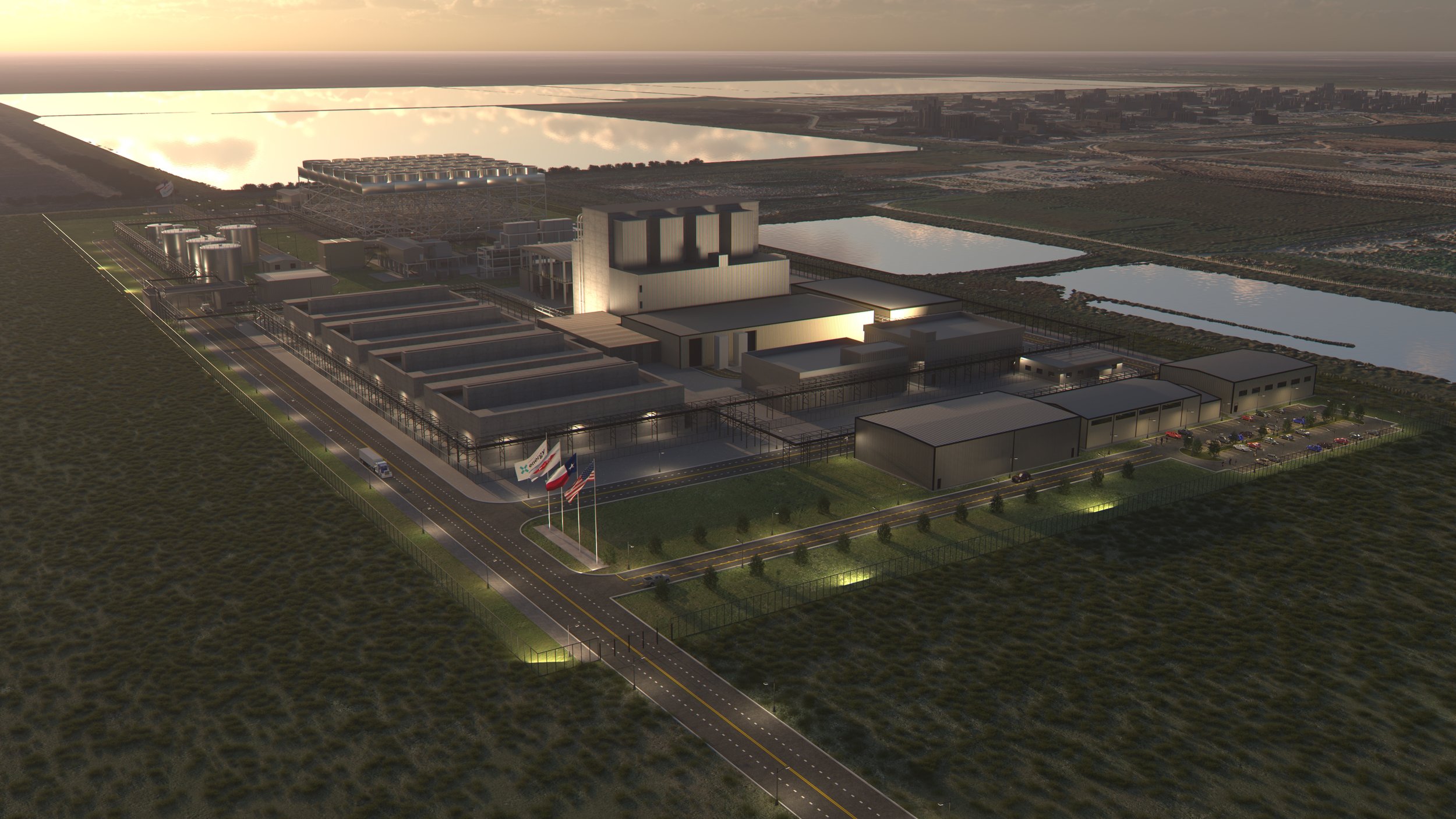 Aerial view of an industrial energy and resource-recovery facility at dusk